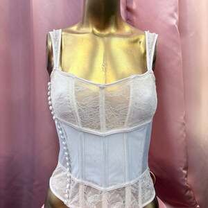 Crème and light blue Vintage Bustier with paneled with stretch lace detail / hoo
